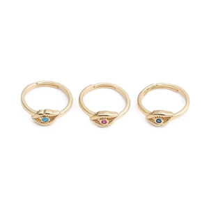 Lot de bagues œil porte-bonheur dorées avec zircons colorés en bleu et magenta