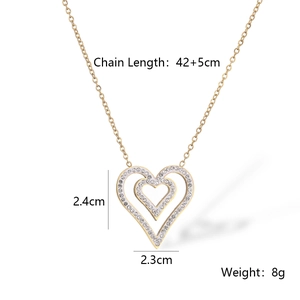 Detailed view of gold double heart pendant necklace with dimensions and weight parameters