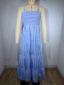 Détails de la robe d'été à rayures bleues avec taille smockée et fines bretelles