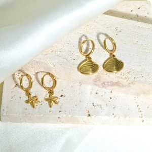 Detailed view of 14K gold stainless steel earrings with shell and starfish pendants