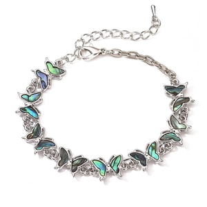 Silver butterfly bracelet with colorful abalone shell inlay and adjustable lobster clasp