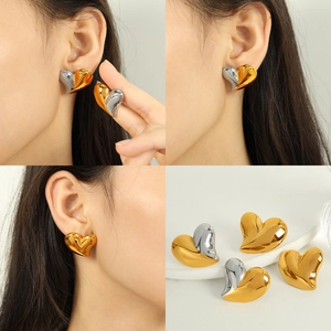 Boucles d'oreilles cœur asymétriques en or 18k bicolore argent et or pour femmes