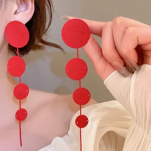 Geometric Circular Disc Long Drop Earrings With 925 Sterling Silver Earring Post Spiral Texture Metallic Statement Jewelry