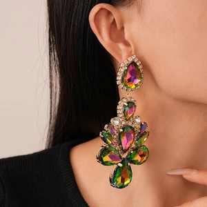 Dramatic floral teardrop rhinestone drop earrings for women in colorful rainbow design