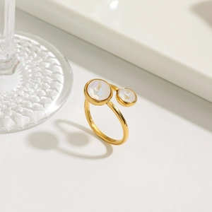 Minimalist 18K gold plated stainless steel open ring with two white zircon stones