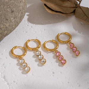 Gold plated stainless steel drop earrings with white and pink cubic zirconia gemstones