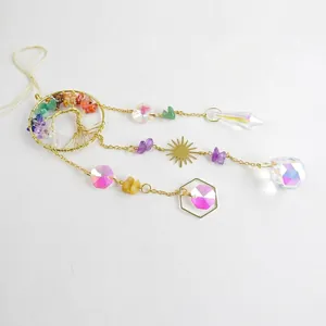 Tree of Life suncatcher with colorful crystals and golden sun pendants for garden decor