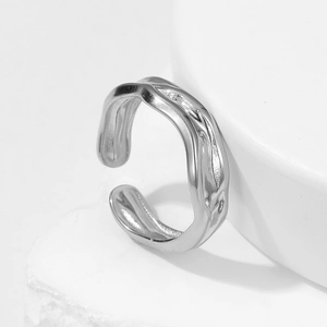 Irregular wavy titanium steel open ring with polished silver finish for women