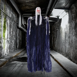 Hanging Halloween ghost with glowing red eyes, white hair and chains in dark tunnel