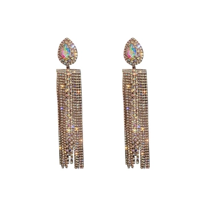 Elegant champagne gold long tassel teardrop earrings with sparkling crystal rhinestones