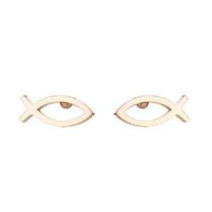 Macro detail of minimalist rose gold fish cartilage stud earrings with polished finish