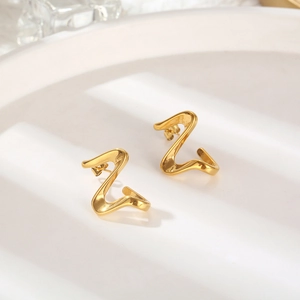Abstract geometric gold titanium steel stud earrings with irregular twisted S-shape design