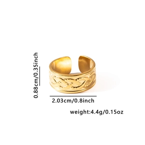 Detail view of golden titanium steel ring with woven texture and size dimensions