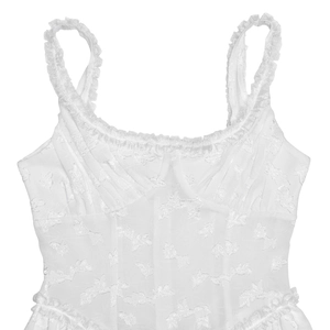 Detail of white square neck camisole with delicate lace trim and textured floral jacquard