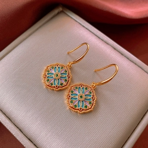 Vintage gold-plated drop oil flower earrings with colorful enamel and zircon stones