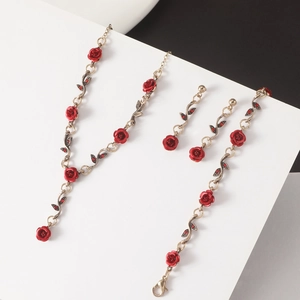 Parure bijoux vintage rose rouge collier et boucles d'oreilles en or antique
