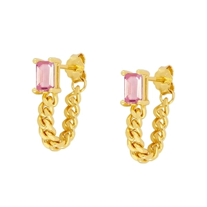 Elegant gold drop earrings with pink emerald-cut stones and curb chain tassels