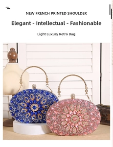 Detail of luxury rhinestone evening bags in navy and pink with floral crystal patterns