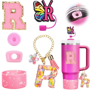 Pink letter R charm, butterfly straw topper and glitter sleeve set for Stanley cups