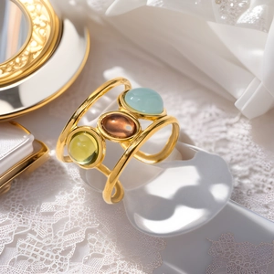 French Retro Multi Layer Stainless Steel 18K Gold Plated Open Ring Featuring Three Colorful Oval Gemstones For Women