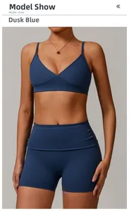 Twilight blue high-elastic fitness set featuring a V-neck sports bra and high-waist shorts
