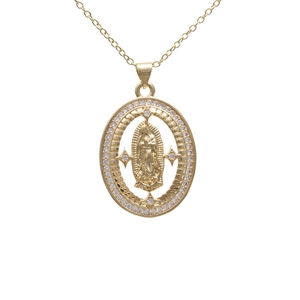 Gold plated oval Virgin Mary pendant necklace with micro-paved cubic zirconia stones