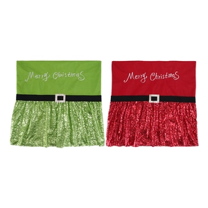 Christmas chair back covers with festive red and green sequins and Merry Christmas embroidery