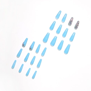 Sky blue long coffin press on nails set with luxury full rhinestone accents, 24 pieces