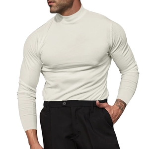 Detailed texture of white long sleeve knit shirt with semi-high neck for men