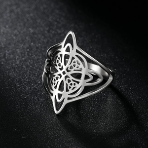 Symmetric silver stainless steel Celtic witch knot ring with hollow geometric patterns