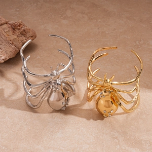 Exaggerated metal spider open cuff bracelet with sparkling rhinestones in gold and silver