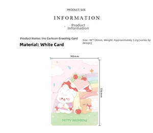 Detailed product size guide for INS cartoon animal cards showing 98x136mm dimensions