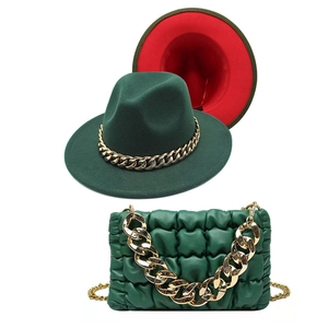 British style dark green wool jazz hat and matching pleated chain bag with gold hardware