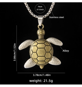 Detailed view of turtle pendant dimensions and stainless steel chain measurements