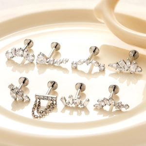 Set of 8 F136 titanium labret studs with heart-shaped zircon and chain tassel details