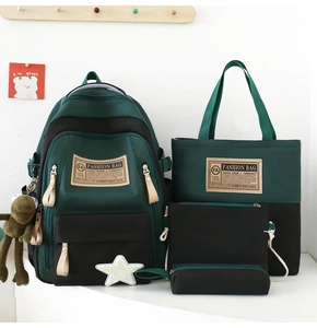 Detail view of the 4-piece school backpack set in dark green and black contrast design
