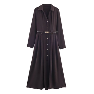 Robe Chemise Midi À Manches Longues Pour Femmes Couleur Café Unie Polyester Élégante Col Revers Boutonnée Avec Ceinture Mode