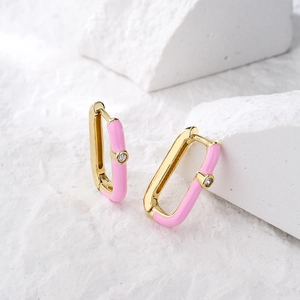 18K gold plated square hoop earrings with pink enamel and sparkling zircon stone