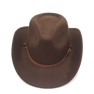 Top-down view of a brown felt cowboy hat with a pinched crown and stylish thin rope band