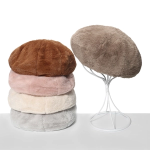 Plush faux rabbit fur beret in multiple solid colors for winter warmth and style