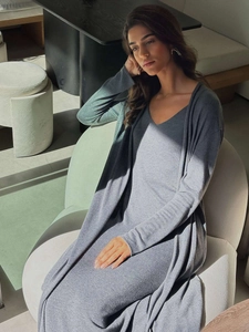 Elegant grey knitted two-piece set featuring a slim maxi dress and long sleeve cardigan