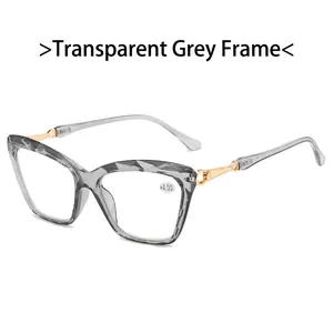 Detaillierte Seitenansicht der Katzenaugen-Lesebrille mit transparentem grauen Rahmen