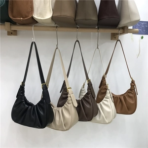 Ruched Cloud Underarm Bag Women PU Leather Crescent Moon Shoulder Crossbody Purse Solid Color Elegant Versatile