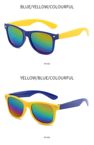 Detail of colorful kids sunglasses with two-tone frames and rainbow reflective lenses