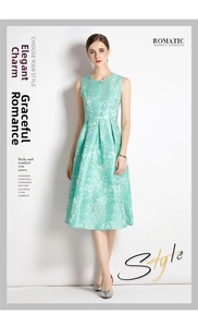 Detail eines mintgrünen ärmellosen Jacquard-Midikleids mit Falten an der Taille und Textur