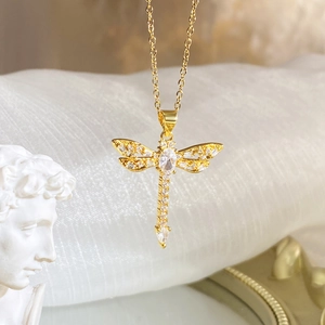 Gold hollow dragonfly pendant necklace with sparkling zircons on 18K plated chain