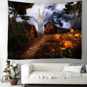 Halloween tapestry with Jack-o'-lanterns and stone arm above a sofa for dorm decor