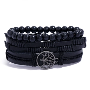 Multilayer leather braided bracelet with tree of life charm and wooden beads