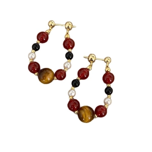 Ethnic style U-shaped beaded earrings with agate, pearl and tiger eye stone in gold