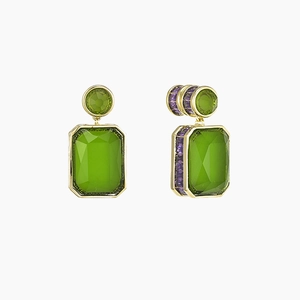 Green emerald cut drop earrings with purple zircon accents in a gold plated finish